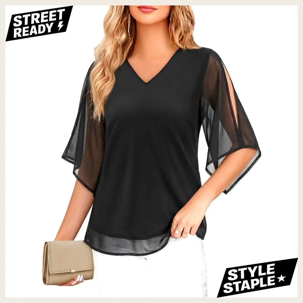 3/4 Sleeve V-Neck Chiffon Blouse Double Layer Casual Dressy Top - Picture 1 of 7